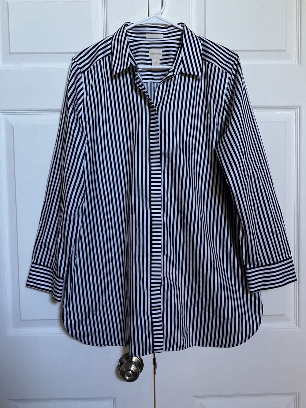 Chico’s No-Iron Black White Striped Longline Tunic Shirt Women’s XL